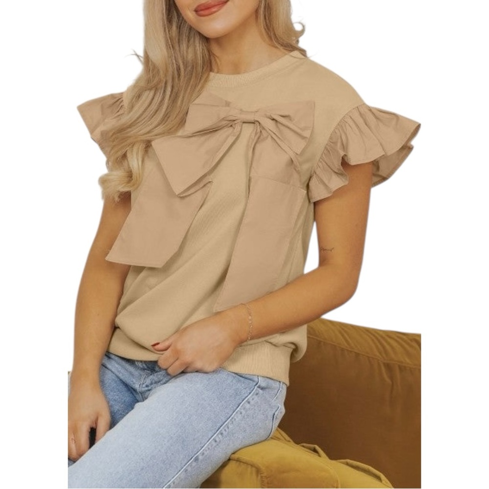 Voy Two Toned Ribbon Bow Ruffle Flutter Sleeve Tan Sweatshirt Whimsical‎ Top S